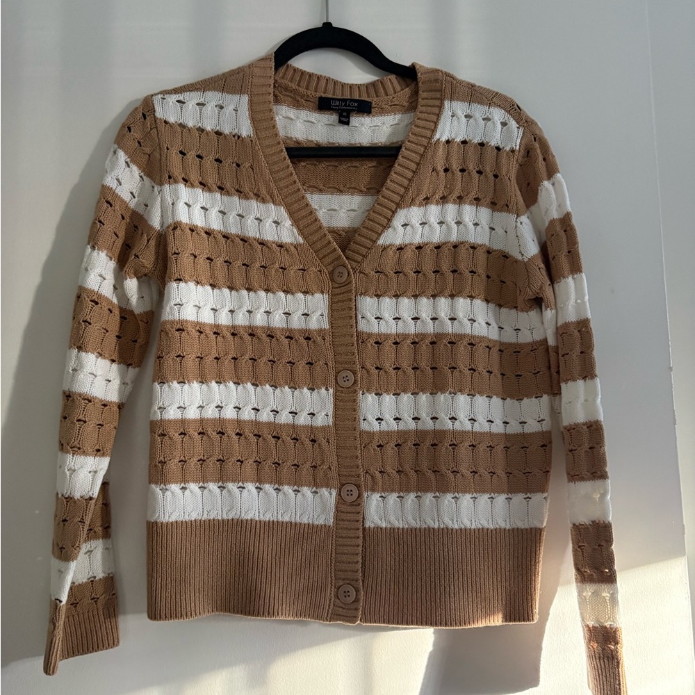 Stylish Tan and White Striped Cardigan